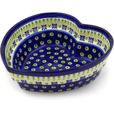 Polish Pottery Heart Shaped Bowl 9&quot; Green Gingham Peacock