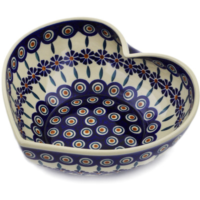 Polish Pottery Heart Shaped Bowl 9&quot; Peacock