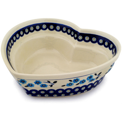 Polish Pottery Heart Shaped Bowl 9&quot; Peacock Poppies