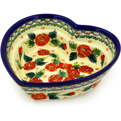 Polish Pottery Heart Shaped Bowl 9&quot; Polish Roses UNIKAT