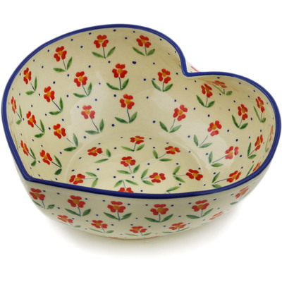Polish Pottery Heart Shaped Bowl 9&quot; Red Primrose