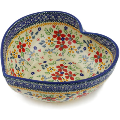 Polish Pottery Heart Shaped Bowl 9&quot; Ruby Bouquet UNIKAT