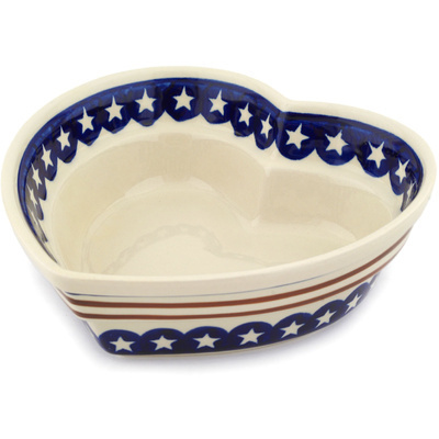 Polish Pottery Heart Shaped Bowl 9&quot; Stars And Stripes