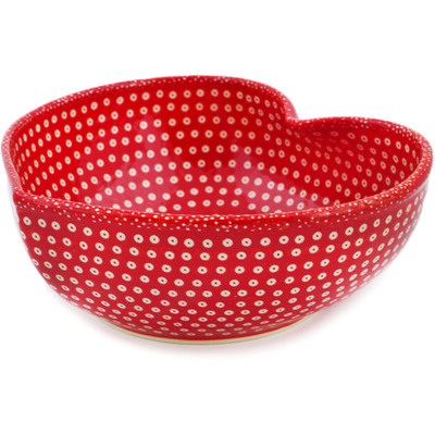 Polish Pottery Heart Shaped Bowl 9&quot; Strawberry Seeds UNIKAT