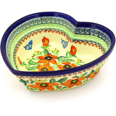 Polish Pottery Heart Shaped Bowl 9&quot; Summer Splendor UNIKAT
