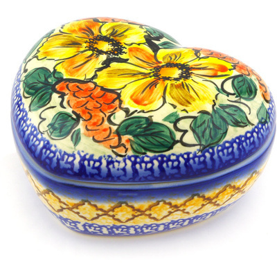 Polish Pottery Heart Shaped Jar 3&quot; Colorful Bouquet UNIKAT