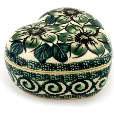 Polish Pottery Heart Shaped Jar 3&quot; Gratuitous Greens UNIKAT