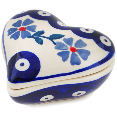 Polish Pottery Heart Shaped Jar 3&quot; Peacock Forget-me-not