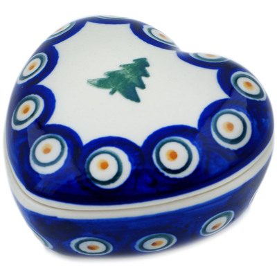 Polish Pottery Heart Shaped Jar 3&quot; Peacock Pines