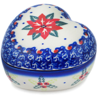 Polish Pottery Heart Shaped Jar 3&quot; Poinsettia Charm