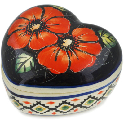 Polish Pottery Heart Shaped Jar 3&quot; Poppy Passion UNIKAT