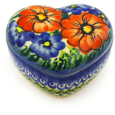 Polish Pottery Heart Shaped Jar 3&quot; Red Star UNIKAT