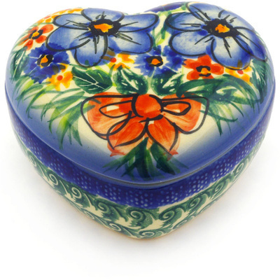 Polish Pottery Heart Shaped Jar 3&quot; Spring Garden UNIKAT