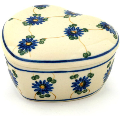 Polish Pottery Heart Shaped Jar 4" Aster Trellis