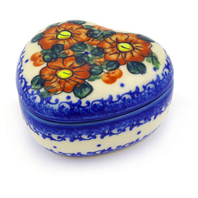 Polish Pottery Heart Shaped Jar 4&quot; Autumn Pansies UNIKAT