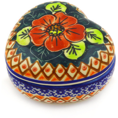 Polish Pottery Heart Shaped Jar 4&quot; Autumn Poppies UNIKAT