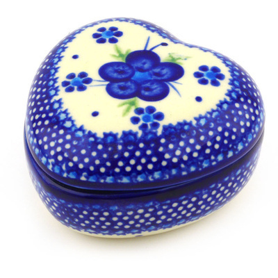 Polish Pottery Heart Shaped Jar 4&quot; Bleu-belle Fleur