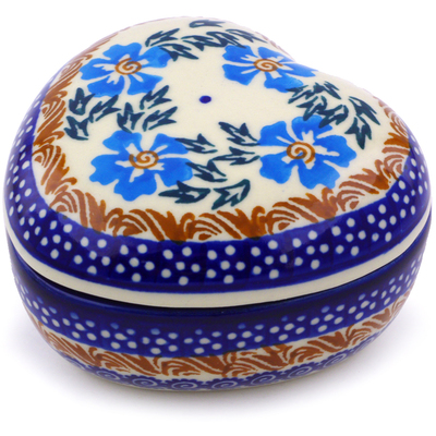 Polish Pottery Heart Shaped Jar 4&quot; Blue Cornflower