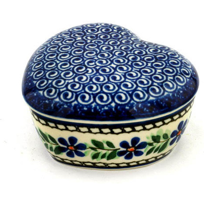 Polish Pottery Heart Shaped Jar 4&quot; Blue Daisy Swirls