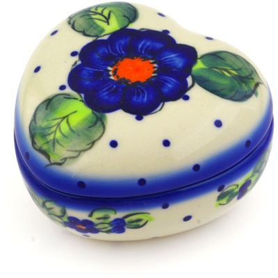 Polish Pottery Heart Shaped Jar 4&quot; Bold Blue Pansy