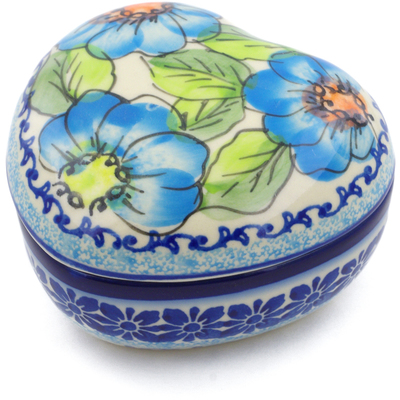 Polish Pottery Heart Shaped Jar 4&quot; Bold Blue Poppies UNIKAT