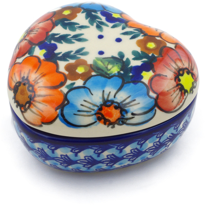 Polish Pottery Heart Shaped Jar 4&quot; Bold Poppies