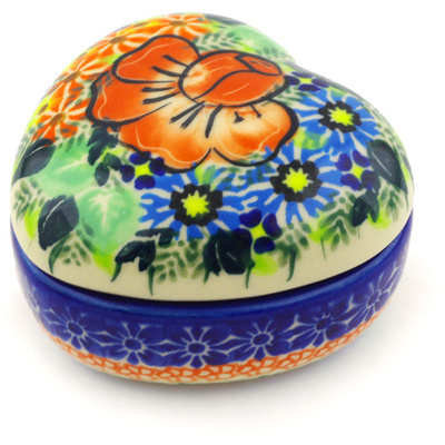 Polish Pottery Heart Shaped Jar 4&quot; Bold Poppies UNIKAT