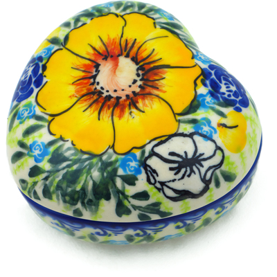 Polish Pottery Heart Shaped Jar 4&quot; Bright Blooms UNIKAT