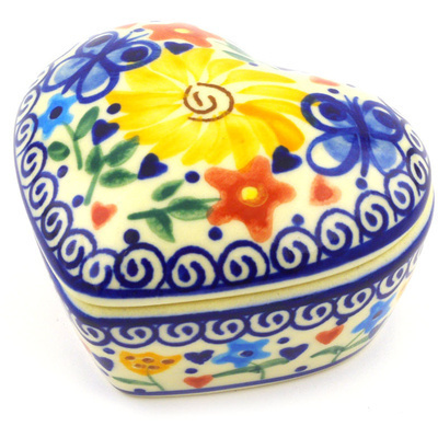 Polish Pottery Heart Shaped Jar 4&quot; Butterfly Sunshine UNIKAT