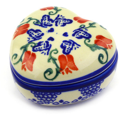 Polish Pottery Heart Shaped Jar 4&quot; Butterfly Tulips