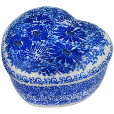 Polish Pottery Heart Shaped Jar 4&quot; Dreams In Blue UNIKAT