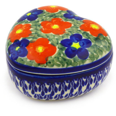 Polish Pottery Heart Shaped Jar 4&quot; Floral Burst