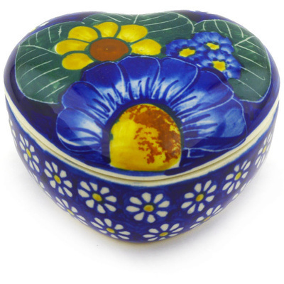 Polish Pottery Heart Shaped Jar 4&quot; Floral Fruit Basket UNIKAT