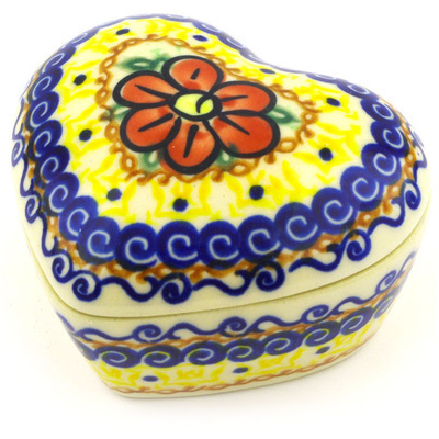 Polish Pottery Heart Shaped Jar 4&quot; Glorious Morning UNIKAT