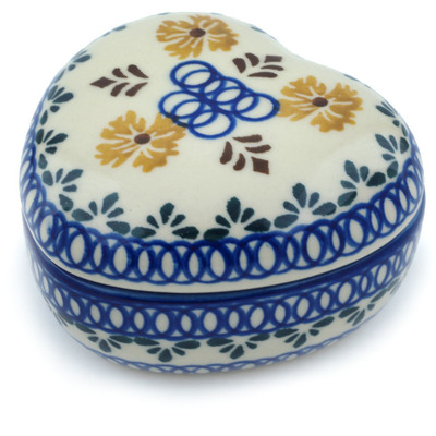 Polish Pottery Heart Shaped Jar 4&quot; Golden Flower Garden