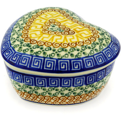 Polish Pottery Heart Shaped Jar 4&quot; Grecian Sea