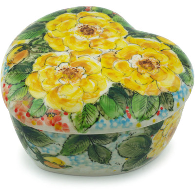 Polish Pottery Heart Shaped Jar 4&quot; L38 Yellow Elegance UNIKAT