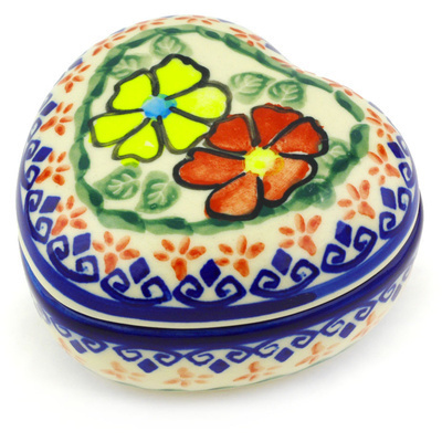 Polish Pottery Heart Shaped Jar 4&quot; Primary Poppies UNIKAT