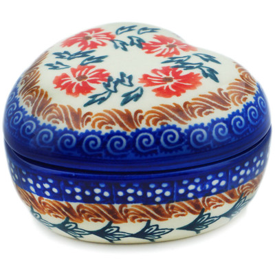 Polish Pottery Heart Shaped Jar 4&quot; Red Cornflower