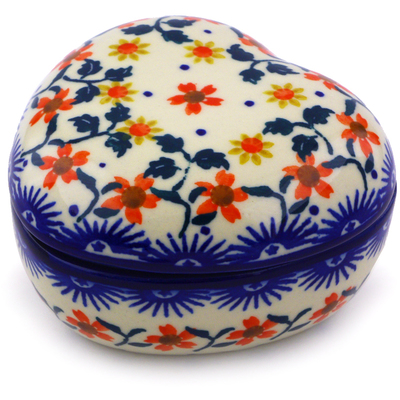 Polish Pottery Heart Shaped Jar 4&quot; Red Sunflower