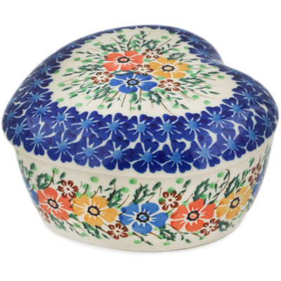 Polish Pottery Heart Shaped Jar 4&quot; Spring Blooms UNIKAT
