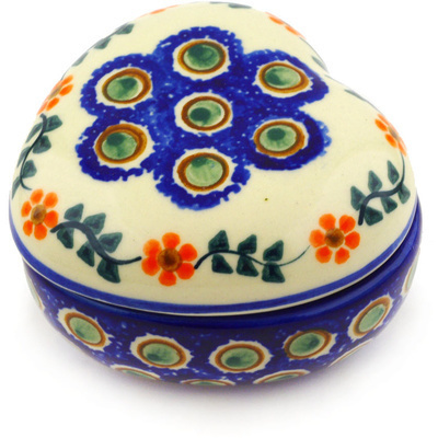 Polish Pottery Heart Shaped Jar 4&quot; Sunflower Peacock