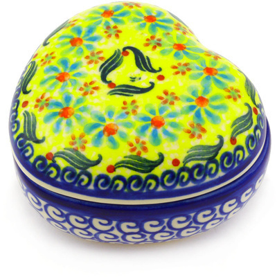 Polish Pottery Heart Shaped Jar 4&quot; Sunshine Blooms