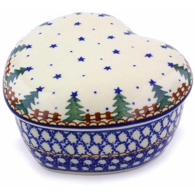 Polish Pottery Heart Shaped Jar 4&quot; Winter Evergreen