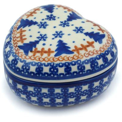 Polish Pottery Heart Shaped Jar 4&quot; Winter Snow