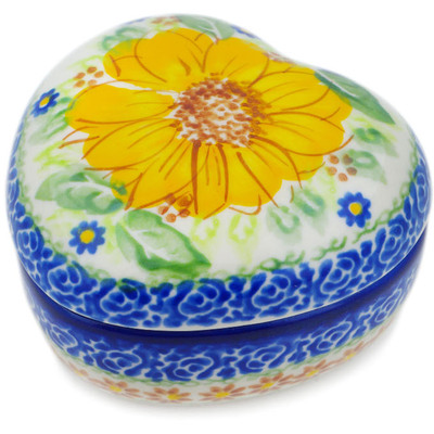 Polish Pottery Heart Shaped Jar 4&quot; Yellow Petal Bliss UNIKAT