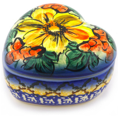 Polish Pottery Heart Shaped Jar 5&quot; Colorful Bouquet UNIKAT