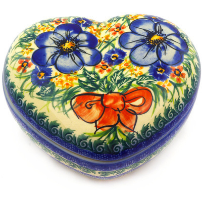 Polish Pottery Heart Shaped Jar 5&quot; Spring Garden UNIKAT