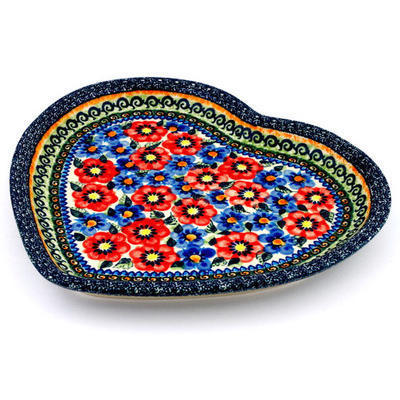 Polish Pottery Heart Shaped Platter 11&quot; Blue And Red Poppies UNIKAT
