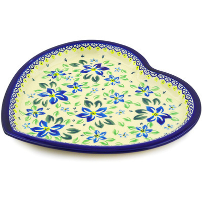 Polish Pottery Heart Shaped Platter 11&quot; Blue Clematis